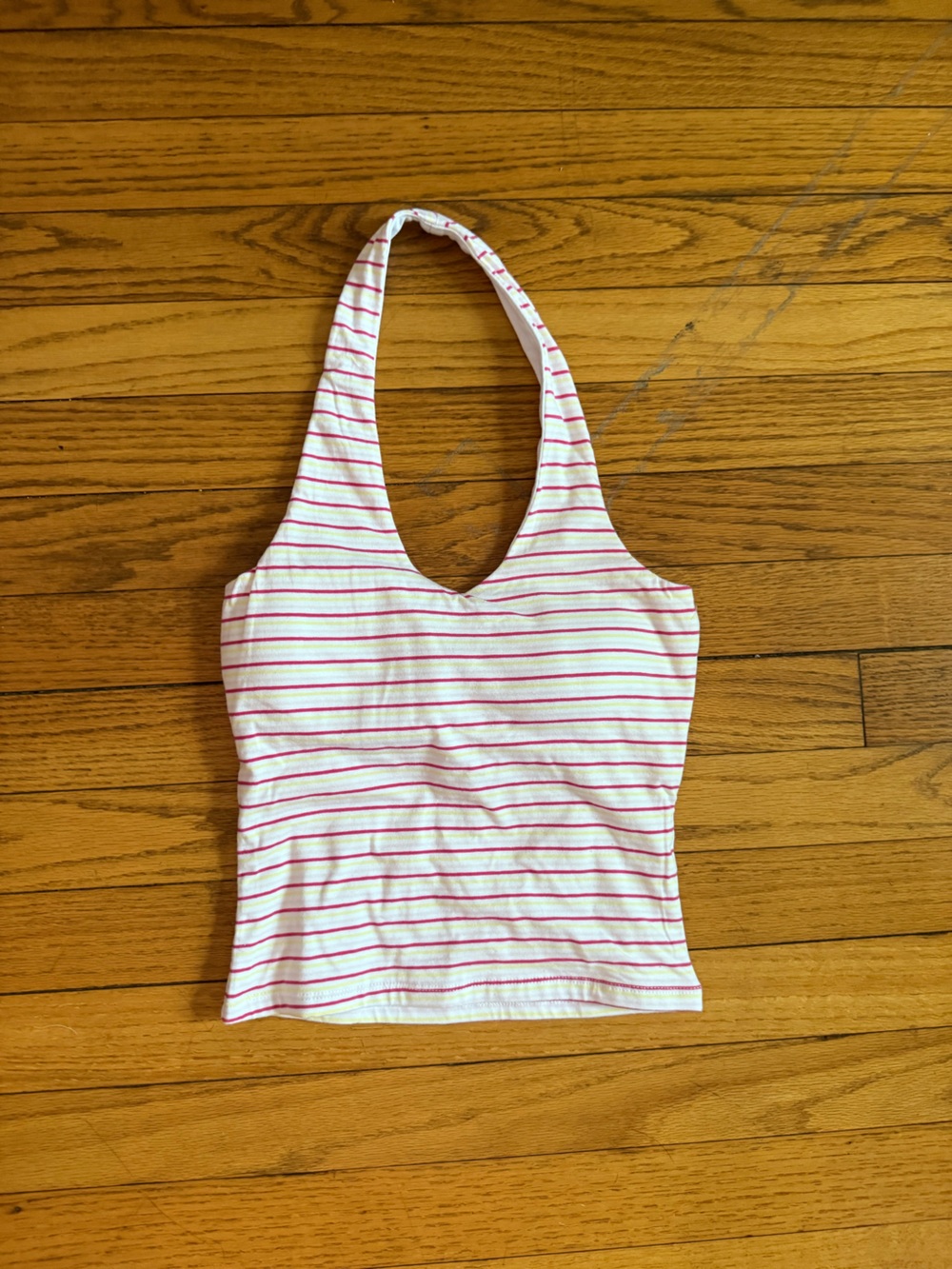 White, Pink, & Yellow Striped Halter Tank Top